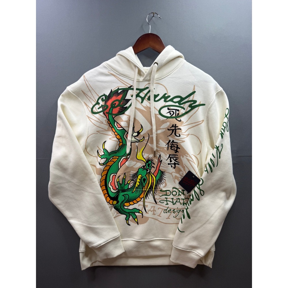 Ed Hardy NWT Hoodie Mens Ivory Dragon Tattoo Graphic Love Kills Slowly Size M
